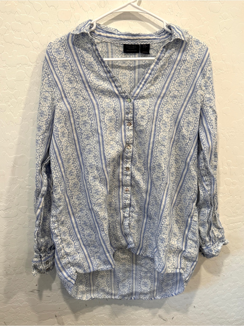 RACHEL Rachel Roy Linen Blue White Button-Up Blouse Womens Medium Geometric